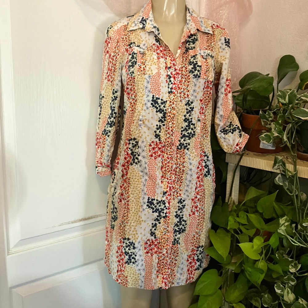 Used Dress Tommy Hilfiger Floral Cotton Multi Pattern Multi Color Shirt Dress
